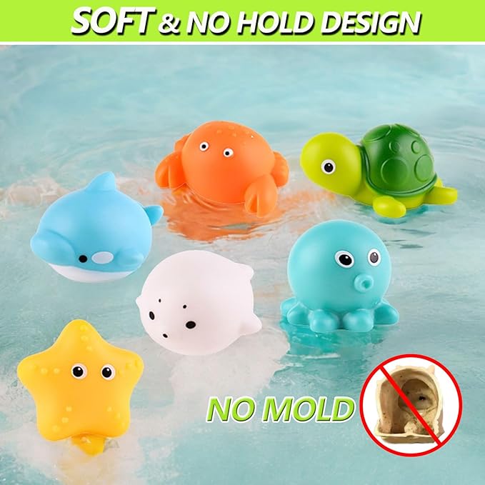 Bath Toys for Babies 6-12 Months+, Wind-up Ducks Bath Toys for Kids Ages 1-3, No Hole Ocean Animal Floating Pool Toys, Watering Can Fishing Net Water Toys for Toddlers-CubbioJoy
