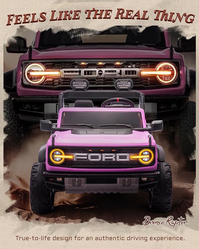 24V Ride on Toys for Big Kids, Licensed Ford Bronco Raptor 2 Seater Ride on Cars with Remote Control, Ride on Truck w/ 4-Wheeler Suspension, 3 Speeds, Led Lights, Bluetooth (24V, Pink)-CubbioJoy