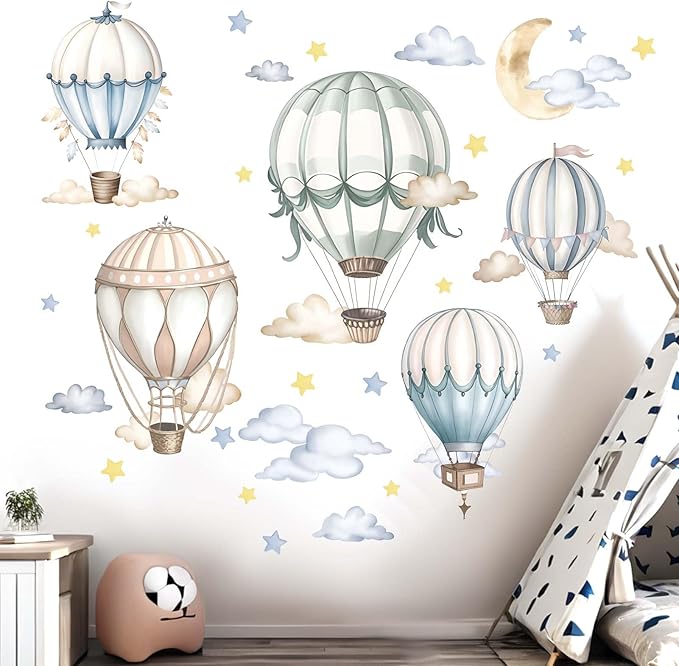 Baby Balloon Wall Stickers for Nursery: Kids Boys Girls Bedroom Wall Decals - Hot Air Balloon Stars Cloud-CubbioJoy