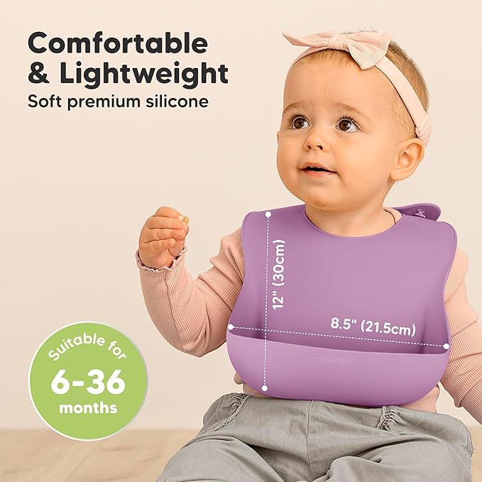 KeaBabies 2-Pack Silicone Baby Bibs for Eating - Sturdy Food-Grade Silicone Bibs for Babies Girl, Boy, Large Food Catcher, Clean & Put On Easily, Waterproof Toddler Feeding Essentials (Amethyst)-CubbioJoy