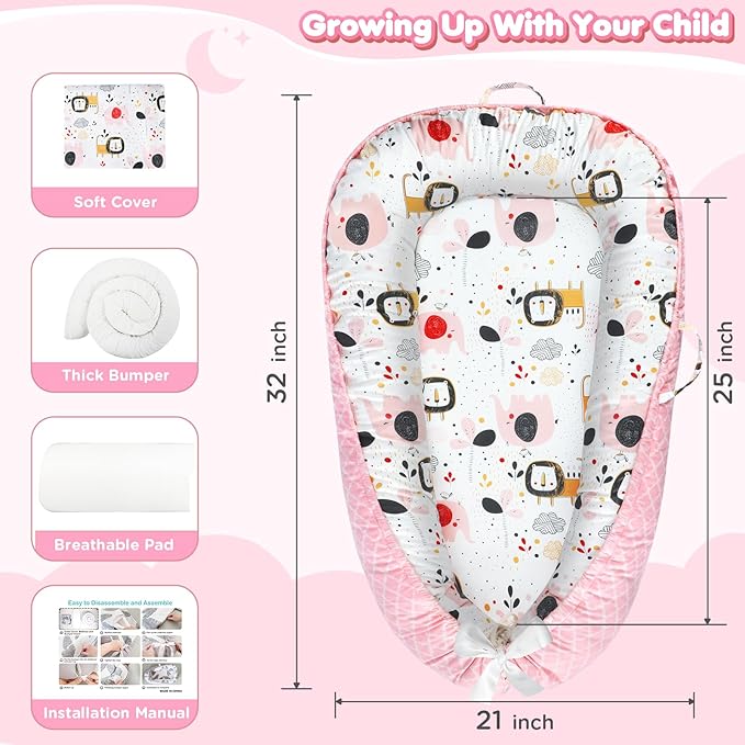 Baby Lounger - Baby Lounger for Newborn 0-24 Months, Breathable and Soft Cotton Cover Baby Nest, Portable Cozy Tummy Time Lounger for Home and Travel, Ideal Baby Essentials & Shower Gifts-CubbioJoy