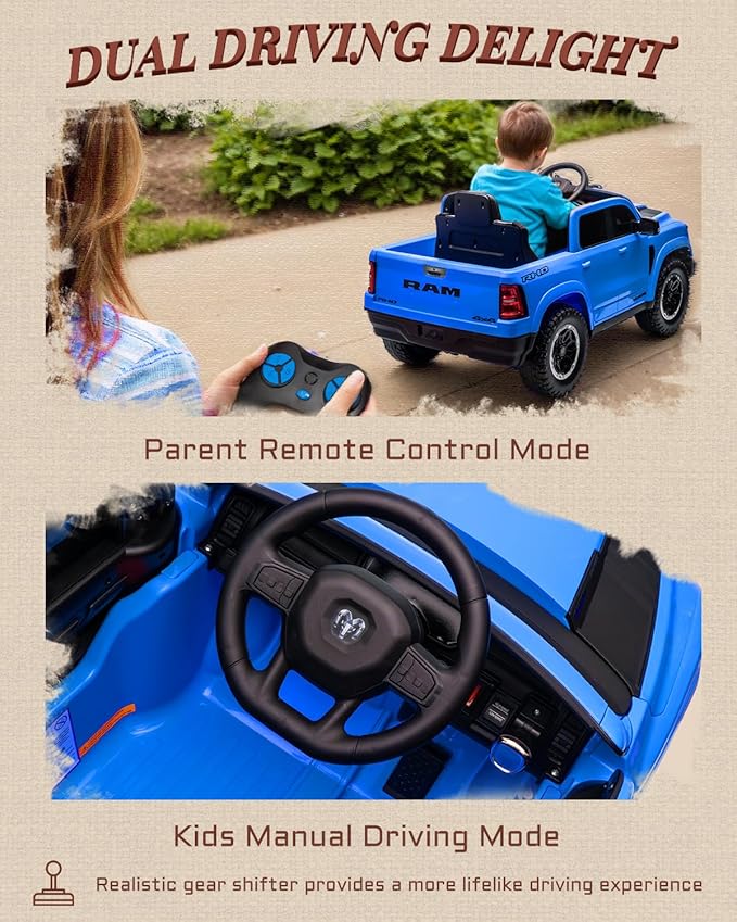 12V Kids Electric Vehicles, Licensed Ram 1500 RHO Kids Ride on Truck with Remote Control, Ride on Car for Children with Smooth Start, Truck Bed Storage, Bluetooth, Aux Port (Blue)-CubbioJoy