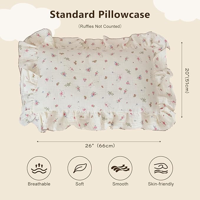 BuLuTu 100% Cotton Standard Pillow Case for Kids, 1 pc, 20"x26", Pink Floral Sheep Design Pillow Cover Muslin Gauze Pillow Protector for Children Girls Boys Bedding Gift, Envelope Closure-CubbioJoy