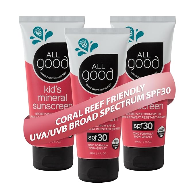 All Good Baby & Kids Sunscreen Lotion for Face & Body - UVA/UVB Broad Spectrum, SPF 30, Zinc Oxide, Coral Reef Friendly, Water Resistant - Zinc, Shea Butter, Coconut Oil, Aloe (3 oz)(3-pack)-CubbioJoy