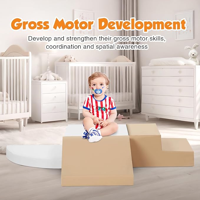 4-Piece Soft PU Leather Toddlers Climbing Toys, Baby Foam Climbing Blocks for Toddlers 3, Foam Play Gym Climbing Structures, Indoor Climb and Crawl Activity Play Set (White and Coffee)-CubbioJoy