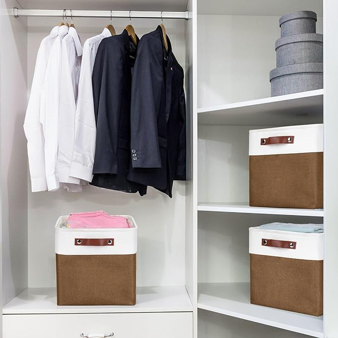 Collapsible Fabric Storage Cubes 11x11 Cube Storage Bins, 4 Pack Closet Baskets Box with Handles for Organizing, Shelf, Toys, Clothes, Home, Office, Nursery (Brown&White)-CubbioJoy