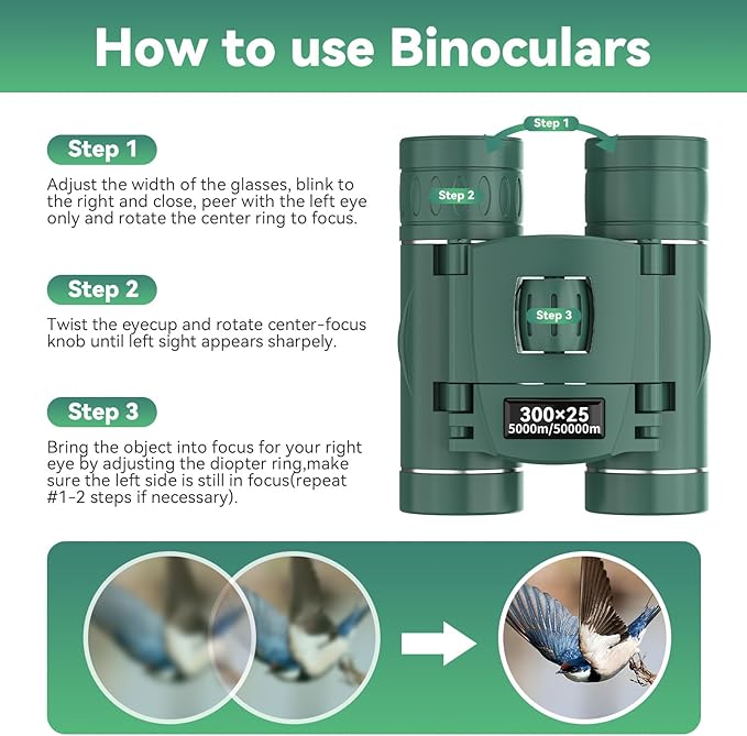 300x25 Binoculars for Adults and Kids, High Powered Mini Pocket Binoculars with Phone Adapter, Waterproof Compact Telescope for Bird Watching, Hunting, Concert, Theater, Opera, Traveling, Sightseeing-CubbioJoy