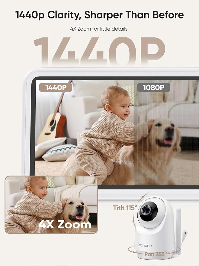 bonoch Add-on Baby Camera Unit for BBM14/BBM16, 1440p HD Video Baby Monitor Camera No WiFi, Security Split-Screen, Auto Night Vision, 4X Zoom, 2-Way Audio, Temperature Sensor, 3 White Noise 3Lullabies-CubbioJoy