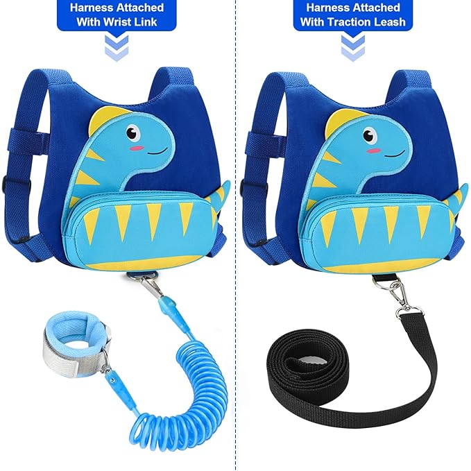 Accmor Toddler Harness with Leash, Cute Dinosaur Kids Harness + Anti Lost Wrist Link, Mini Child Harness Leash Wristband Strap Belt Protector for Baby Boys Girls to Outdoor Travel (Blue)-CubbioJoy