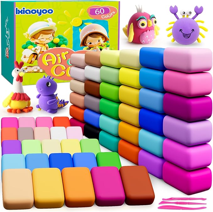 Air Dry Clay for Kids, 60 Colors Molding Magic Clay, Safe & Non-Toxic, DIY Model Arts & Crafts Kit with Sculpting Tools, Birthday&Christmas Gift for Age 3-12 Years Old Girls & Boys Kids-CubbioJoy
