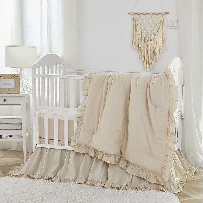 Brandream Gender Neutral Boho Bohemian Baby Girl Boy Nursery Crib Bedding Set 3 Pieces Solid Beige Farmhouse Chic Ruffle Unisex Cozy 100% Washed Cotton-CubbioJoy