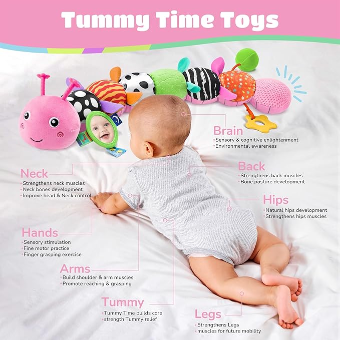 Baby Toys 6-12 Months Music Caterpillar Infant Toys Stuffed Animals 0-3-6 Months Teething Tummy Time Sensory Toys with Mirror Rattle&Pull String for Boys Girls Birthday Gifts|Candy Pink,Leafy-CubbioJoy