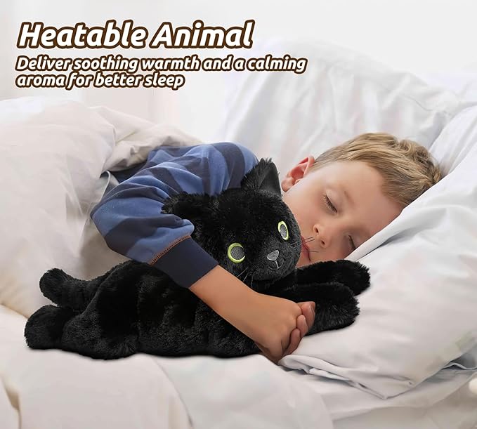 Black Cat Stuffed Animals, Microwavable Stuffed Animal Adorable Fluffy Cat Plush for Warmth & Comfort, Heatable Coolable Lavender Scent Cat Toy, Cute Soft Plushies Cat Gifts for Kids Boy Girls & Adult-CubbioJoy