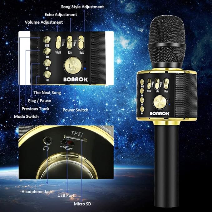 BONAOK Wireless Bluetooth Karaoke Microphone, 3-in-1 Portable Handheld Mic Speaker Machine for All Smartphones, Gifts to Girls Boys Kids Adults All Age Q37(Black Gold)-CubbioJoy