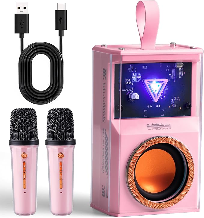 Karaoke Machine for Kids & Adults, Portable Bluetooth Mini Karaoke Speaker with 2 Wireless Microphone and Lights, Birthday Gifts for Girls & Boys, Toys for Girls, Family Home Party (Pink)-CubbioJoy