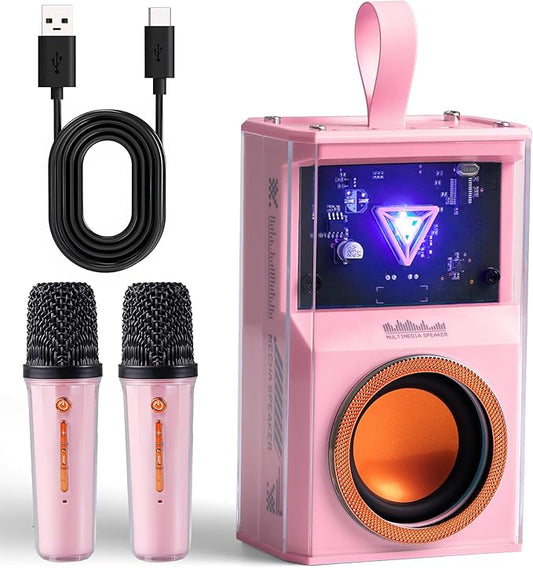 Karaoke Machine for Kids & Adults, Portable Bluetooth Mini Karaoke Speaker with 2 Wireless Microphone and Lights, Birthday Gifts for Girls & Boys, Toys for Girls, Family Home Party (Pink)-CubbioJoy