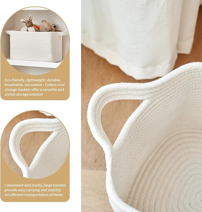 3 Packs Cotton Rope Woven Basket With Handles for Shelves -15"*10.2"*9.1"(White)-CubbioJoy