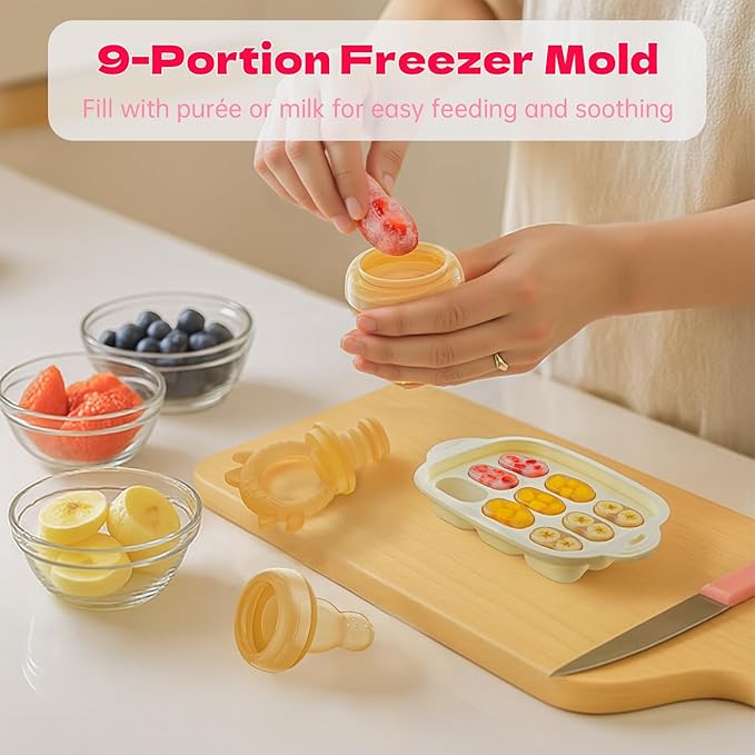 Baby Food Fruit Feeder & Freezer Tray, Auto-Push Fresh Food Feeder Pacifier for Self Feeding, Breastmilk Popsicle Molds for Baby Teething Relief, BPA-Free Silicone, 2 Sizes for 3-12 Months-CubbioJoy