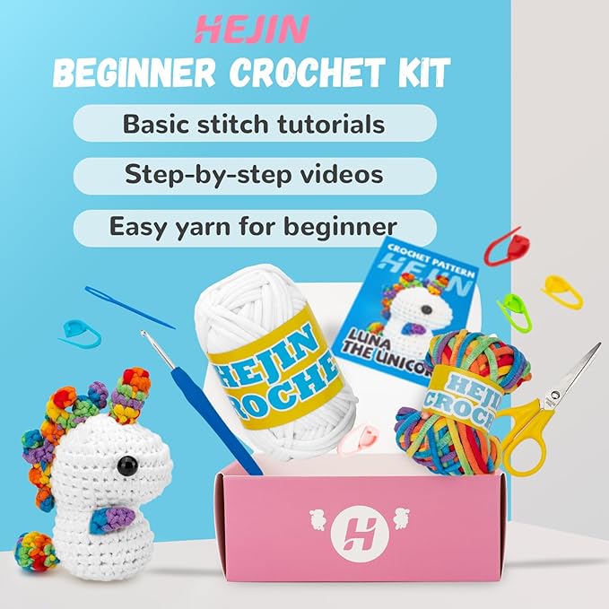 Crochet Kit for Beginners, Unicorn Crochet Kits for Kids and Adults Include Rainbow Yarn, Videos Tutorials, Eyes, and Crochet Hook - Crochet Animal Kit, Beginner Crochet Kit - Gift for Birthdays-CubbioJoy