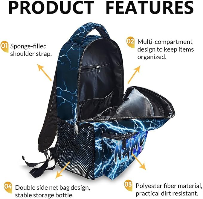 Boys School Backpack, Personalized Football Backpacks for Kids Kindergarten Senior Middle, 17 Inch Lightweight Lightning Bookbag with Custom Name, Cool Back to School Gift-CubbioJoy