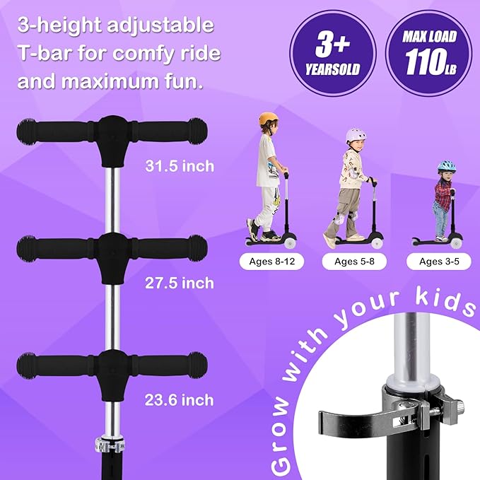 3-Wheel Light-Up Kids Scooter, 20 Different Light Patterns,Three Adjustable Heights,Lean to Steer, Balance Scooter for Ages 3-8-CubbioJoy