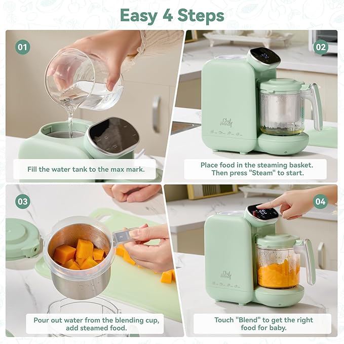 Baby Food Maker, 5 in 1 Baby Food Processor with Steaming Basket, Auto Cooking & Grinding, Touch Screen Control, Baby Steamer and Blender, Baby Food Puree Maker Warmer Mills Machine (Green)-CubbioJoy