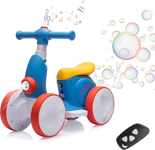 6V Electric Baby Balance Bike for 1 Year Old Boys Girls Ride on Toys 12-48 Months Toddler Balance Bike, 4 Wheels Kids First Bike with Remote Control First Birthday Gifts- Blue&Red-CubbioJoy