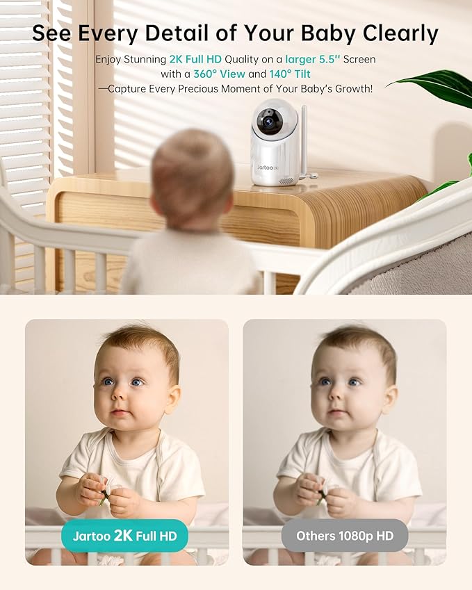 2K Video Baby Monitor with Camera and Audio, 3000ft Long Range Baby Monitor No WiFi 5.5" FHD Screen ANC Baby Camera Wireless, Feeding Clock, Night Vision, 2-Way Talk, AI Cry Detect, 6000mAh-CubbioJoy