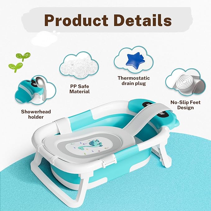 AVIDOR Baby Bathtub,Collapsible Bathtub for Newborn to Toddler,Durable Essential Infant Bath Tub,Portable Travel Baby Tub with Soft Bath Net,No-Slip Feet and Dinosaur Shaped (Light Blue)-CubbioJoy