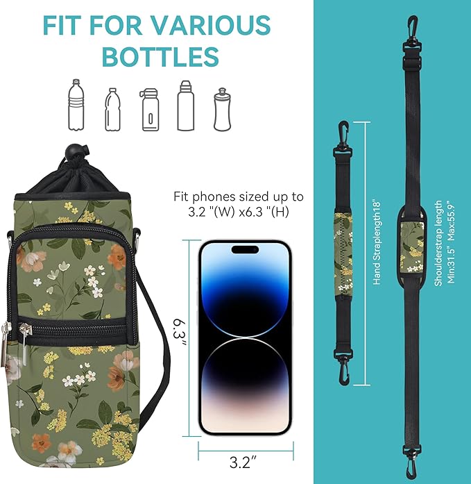 25/32/40/64oz Water Bottle Bag Holder Carrier-Insulated Crossbody Sling Case Sleeve with Strap & Pockets for Men Women Gym Cycling Travel Walking Hiking Camping-CubbioJoy