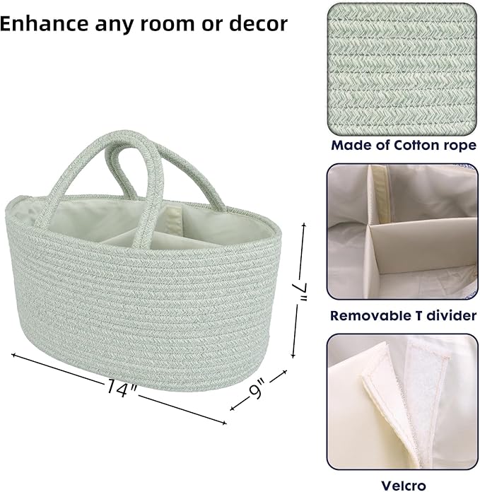 Diaper Caddy Organizer Cotton Rope Baby Basket Nursery Storage and Portable Tote Bag for Car Ideal Baby Shower Gifts and Registry Must-Have for Newborn Essentials light green-CubbioJoy