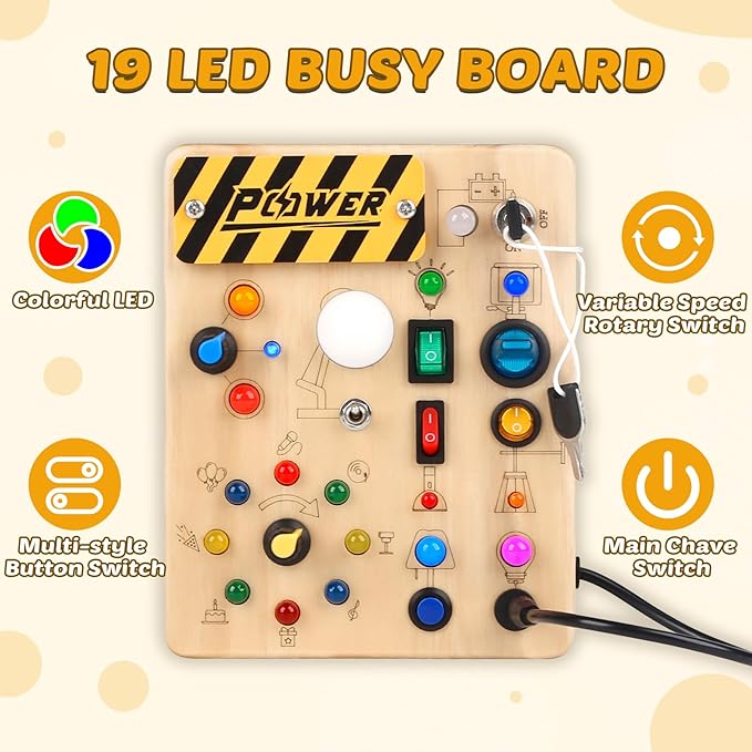 Joyreal Montessori Toddler Busy Board, 19 Led Wooden Sensory Board Educational Toy, Montessori Toys for 1-6 Year Old, Travel Toys Gifts for Toddlers Boys and Girls-CubbioJoy