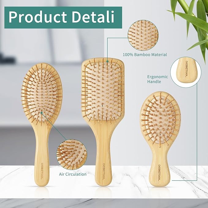 Bamboo Hair Brush Set, Natural Wooden Bamboo Comb Paddle Detangling Hairbrush for Hair Growth - Wide-tooth and Tail Comb Suitable for Thick/Thin/Curly/Dry Hair-CubbioJoy