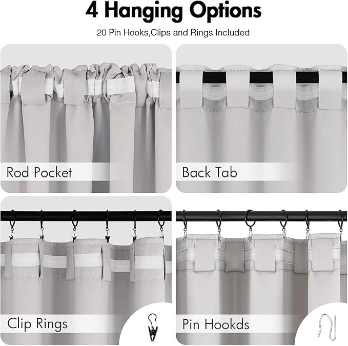 ANRODUO Back Tab Blackout Curtains for Bedroom Living Room, Rod Pocket Pinch Pleated Thermal Insulated Room Darkening Curtains 54 Inches Long 2 Panels, Greyish White, 42 x 54 Inch-CubbioJoy