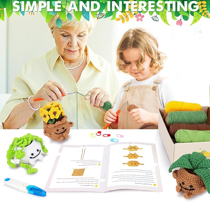 Crochet Kit for Beginners - 3 PCS Potted Plants Crochet Kit with Step-by-Step Video Tutorials, Beginner Crochet Kits for Adults Kids, Potted Plant with Swing Crocheting Set-CubbioJoy