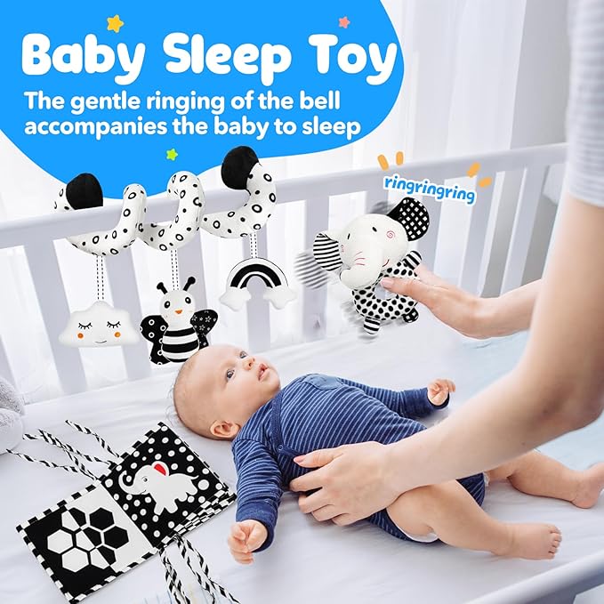 Car Seat Toys for Babies 0-6 Months,Hanging Rattle Toys for Crib Mobile, Baby Spiral Hanging Stroller Black and White High Contrast Toys for Newborn 0 3 6 9 12 Months Baby Boys Girls (Set-1)-CubbioJoy