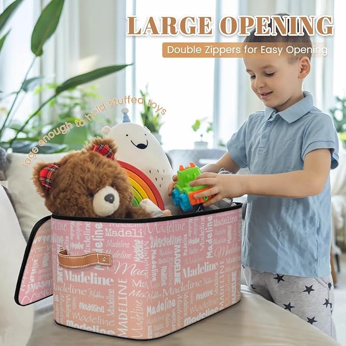 Custom Storage Basket with Name, Personalized Storage Bins with Zipper Lid, Foldable Fabric Storage Box Large capacity with Handle Pink Orange-CubbioJoy