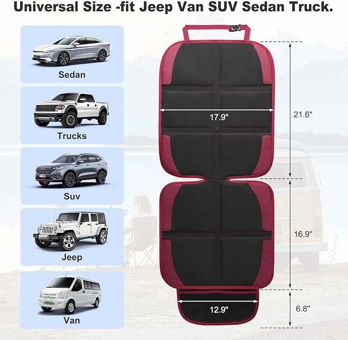 Car Seat Protector for Child, 2 Pack With Mesh Pockets & Non-Slip Backing 600D Durable Under Baby Seat Cover for Back Seat (Burgundy, Standard)-CubbioJoy