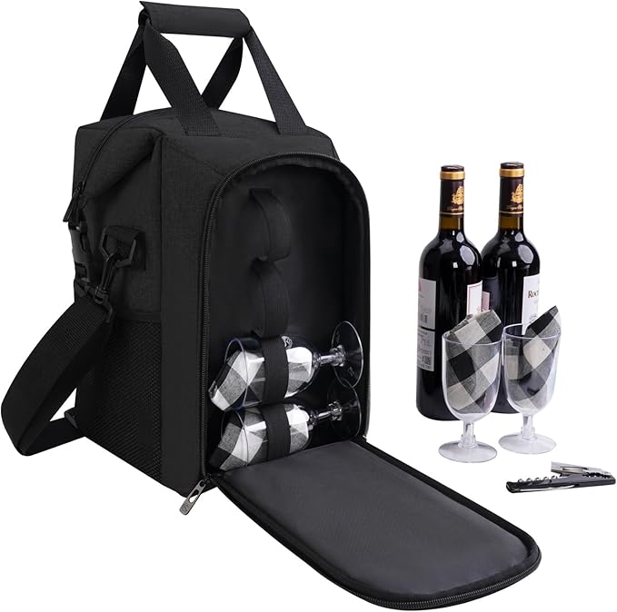 ALLCAMP 4 Bottle Wine Gift Bag - Insulated Tote Cooler, Adjustable Strap, Includes 4 Wine Glasses, Napkins & Corkscrew, Portable Travel Gifting (Black)-CubbioJoy