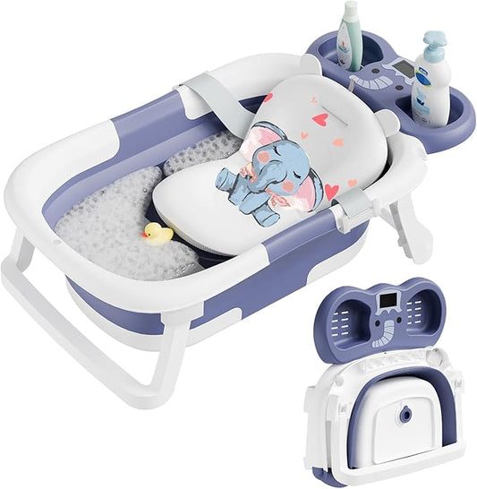 Collapsible Baby Bathtub,Baby Bath Tub with Soft Cushion & Thermometer,Baby Bathtub Newborn to Toddler 0-36 Months,Portable Travel Baby Tub-CubbioJoy