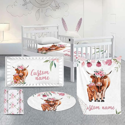 Custom Nursery Crib Bedding Set: Personalized Name 4 Piece Highland Cow Theme Baby Crib Sets for Girls - Toddler Double Layer Blanket Set, Comfortable Crib Bed Sheets for Baby Toddlers-CubbioJoy