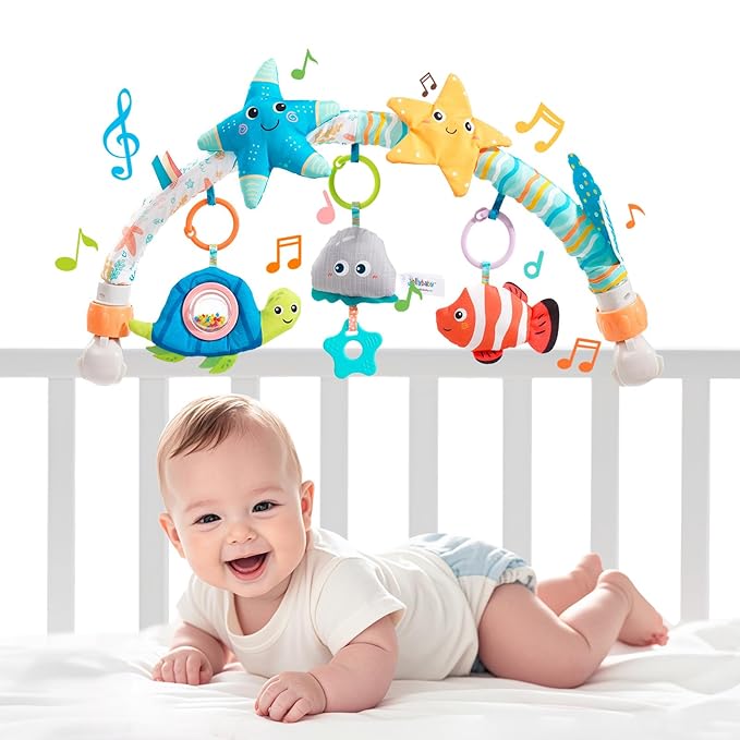 Jollybaby Musical Bassinet Stroller Crib Mobile Toy for Baby 0-6-12 Months, Infant Clip On Arch Hanging Toy with Music, Montessori Sensory Nursery Mobiles Attachment Toy for Newborn Gift - Starfish-CubbioJoy