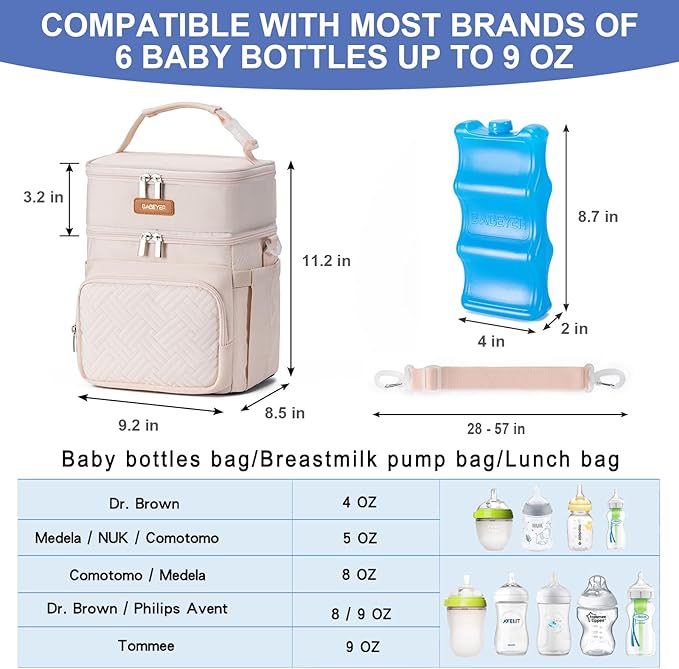 Insulated Breastmilk Cooler Bag with Ice Pack - Holds 6x9oz Bottles, Leakproof Double Layer, Adjustable Strap for Nursing Moms, Daycare & Travel,Pearl White-CubbioJoy