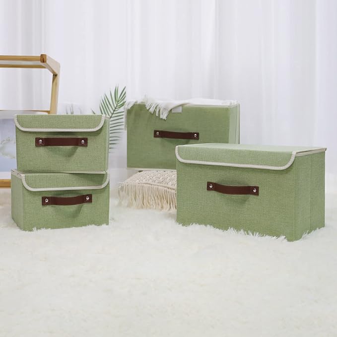 ANMINY 2PCS Storage Bins with Lid PU Leather Handles Storage Boxes PP Plastic Board Decorative Foldable Lidded Cotton Linen Fabric Home Cubes Baskets Closet Organizer Containers - Green, Large Size-CubbioJoy