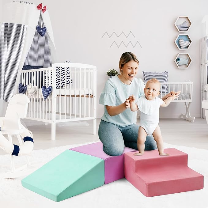 6-Piece Soft Suede Toddlers Climbing Toys, Baby Foam Climbing Blocks, Waterproof Foam Play Gym Climber Structures for Toddler Babies, Indoor Climb and Crawl Activity Play Set-CubbioJoy