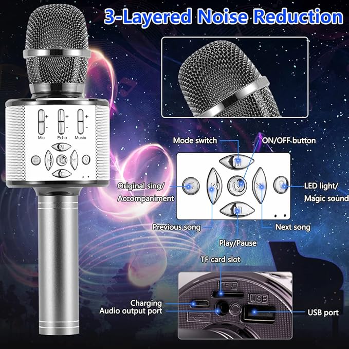 Amazmic Kids Karaoke Microphone Machine Toy Bluetooth Microphone Portable Wireless Karaoke Machine Handheld with LED Lights, Gift for Children Adults Birthday Party, Home KTV(Gray)-CubbioJoy