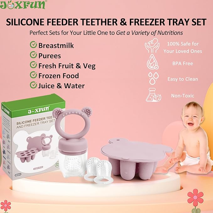 JEXFUN Silicone Breastmilk Popsicle Freezer Molds & Baby Fruit Food Feeder Pacifier, Baby Food Storage Containers Breast Milk Ice Cubes for Baby Teething & Infant Self Feeding, BPA Free - (Light Pink)-CubbioJoy