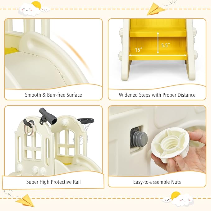 BABY JOY Toddler Large Slide, 6 in 1 Slide for Kids with Basketball Hoop, Ring Toss, 2 in 1 Convertible Climbing Way, Freestanding Kids Slide Climber Set for Indoors Outdoor Boys Girls Gifts Present-CubbioJoy