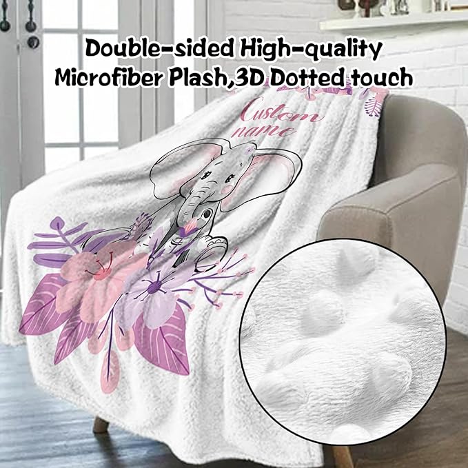 Custom Nursery Crib Bedding Set: Personalized Name 4 Piece Purple Flower Elephant Design Baby Crib Sets for Girls - Toddler Double Layer Blanket Set, Comfortable Crib Bed Sheets for Baby Toddlers-CubbioJoy