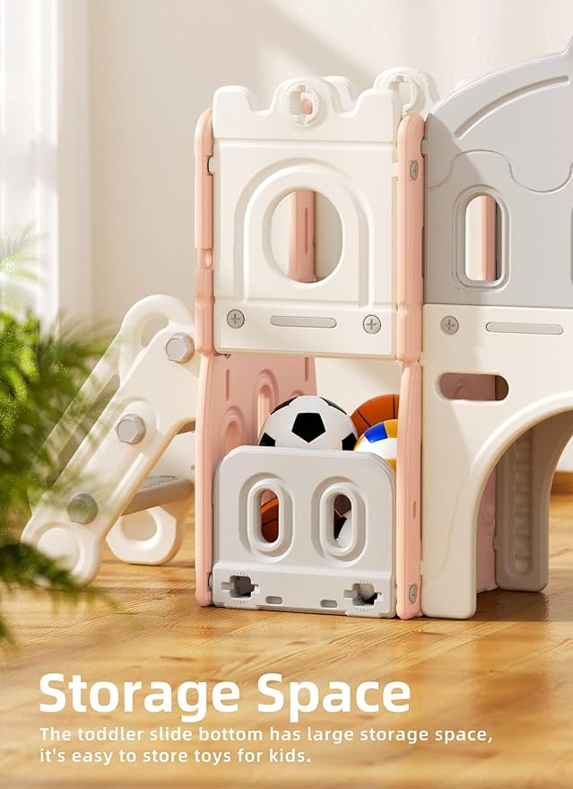 8 in 1 Toddler Slide, Kids Climber Slide with Storage Space and Non-Slip Steps, Indoor Outdoor Playset with Basketball Hoop and Telescope, Slide for Toddlers Age 1-3, Pink White-CubbioJoy